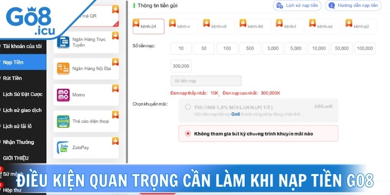 Điều kiện quan trọng cần làm khi nạp tiền Go8