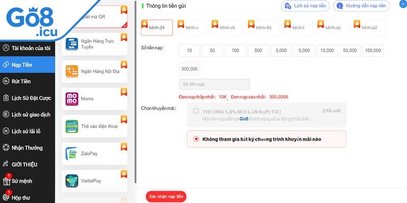 Điều kiện quan trọng cần làm khi nạp tiền Go8 